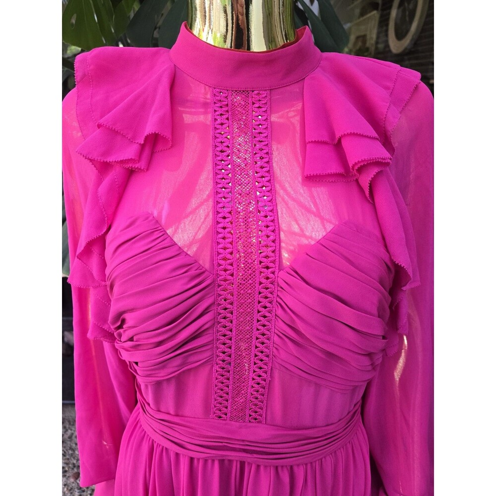 Self-Portrait Fuchsia Pink Chiffon Ruffle Lace Midi Dress Long Sleeve US 8 UK 12 - Picture 3 of 12